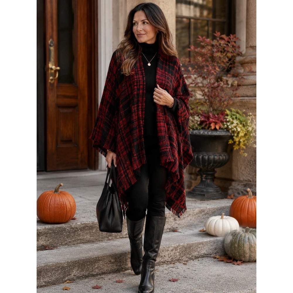 J.Jill NWT Black Scarlet Plaid Ruana Poncho Fringe Wrap S-L